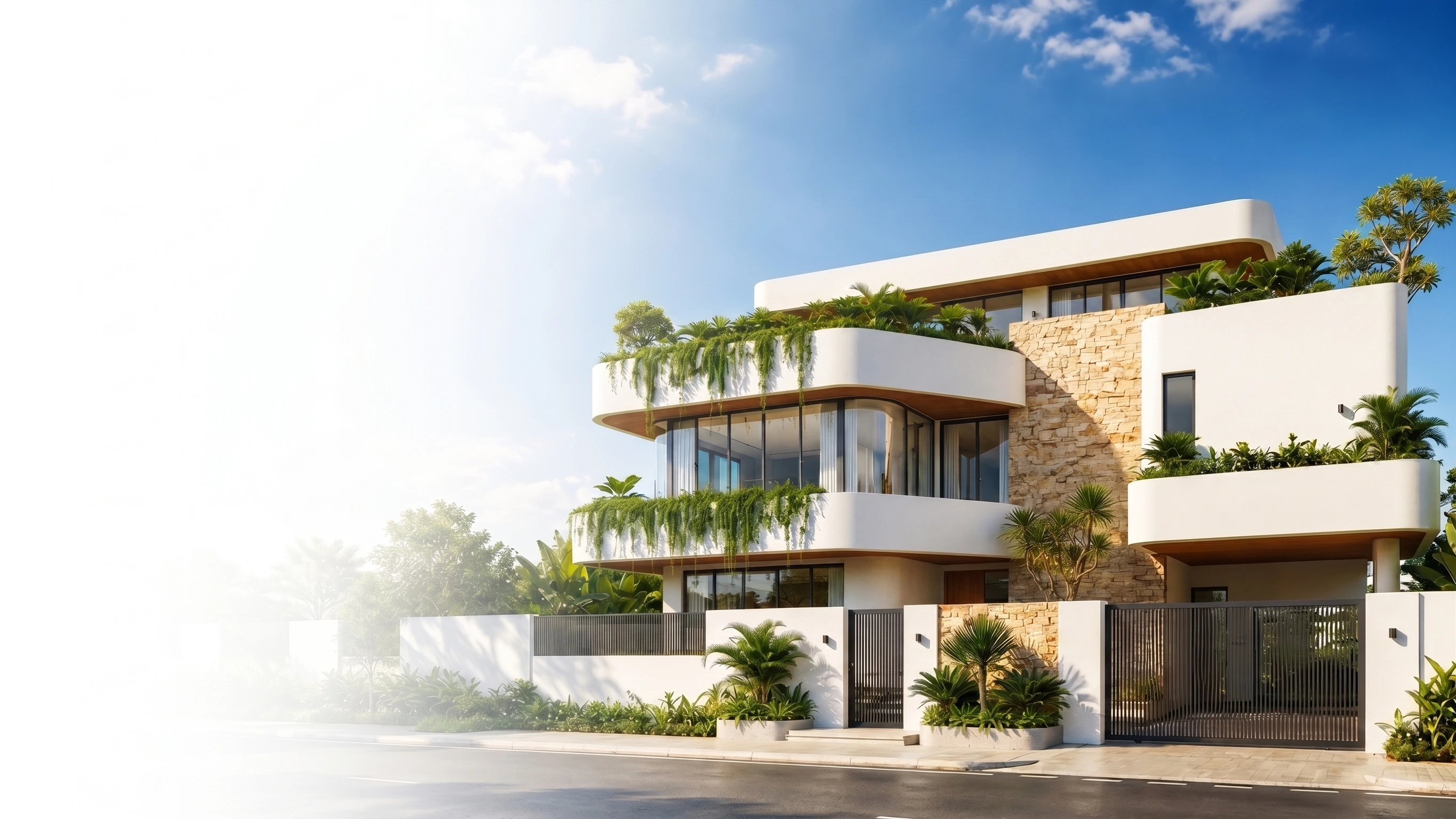 Illuminated modern villa built by HomeGenie at dusk with construction drawings in the foreground